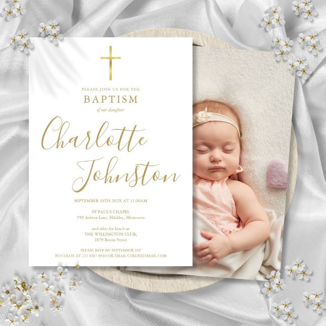 Invitación Baptismo Christine Golden Signature Photo (Baptism Christening Golden Signature Script Photo Invitation)