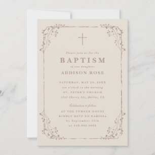 Invitación Baptismo clásico de marco floral neutro con dosel