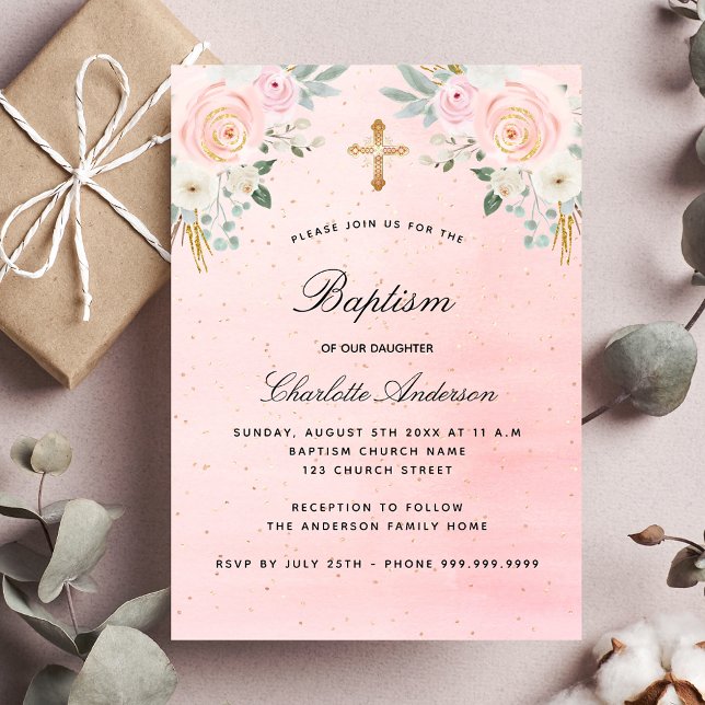 Invitación Baptismo color rosa floral chica elegante lujo (Subido por el creador)