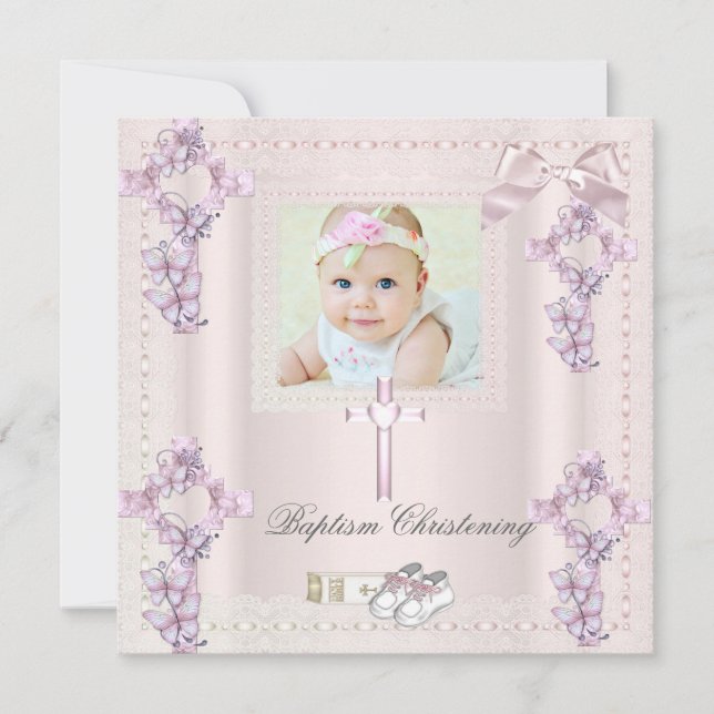 Invitación Baptismo Crema Cruz Rosa Chica Foto bautizada (Anverso)