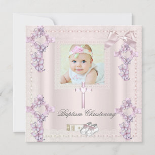 Invitación Baptismo Crema Cruz Rosa Chica Foto bautizada