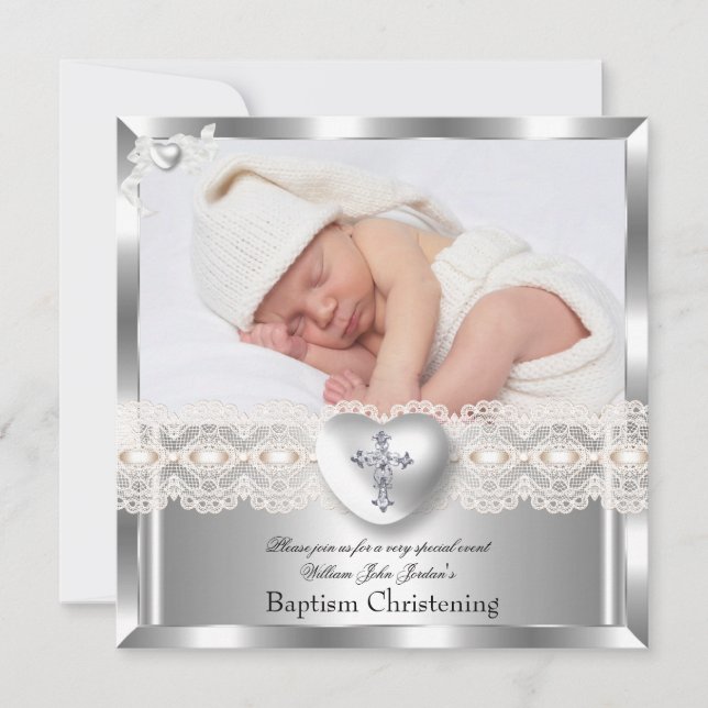 Invitación Baptismo Crema Plata Foto Cruce Corazón Chica 2 (Anverso)