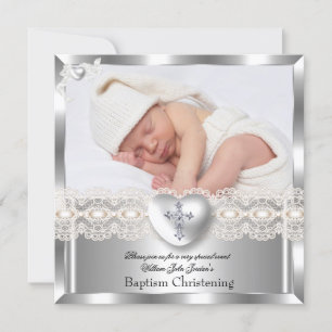 Invitación Baptismo Crema Plata Foto Cruce Corazón Chica 2