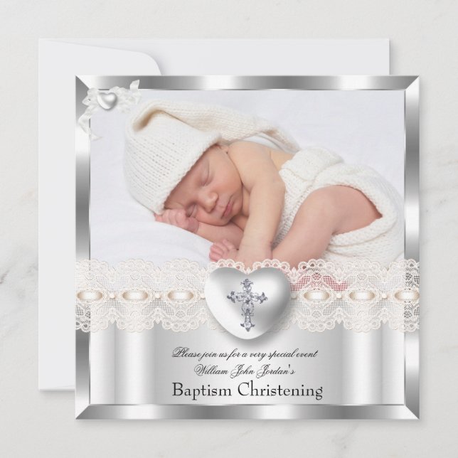 Invitación Baptismo Crema Plata Foto Cruce Corazón Chica 2 (Anverso)