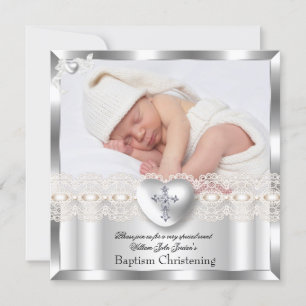 Invitación Baptismo Crema Plata Foto Cruce Corazón Chica 2