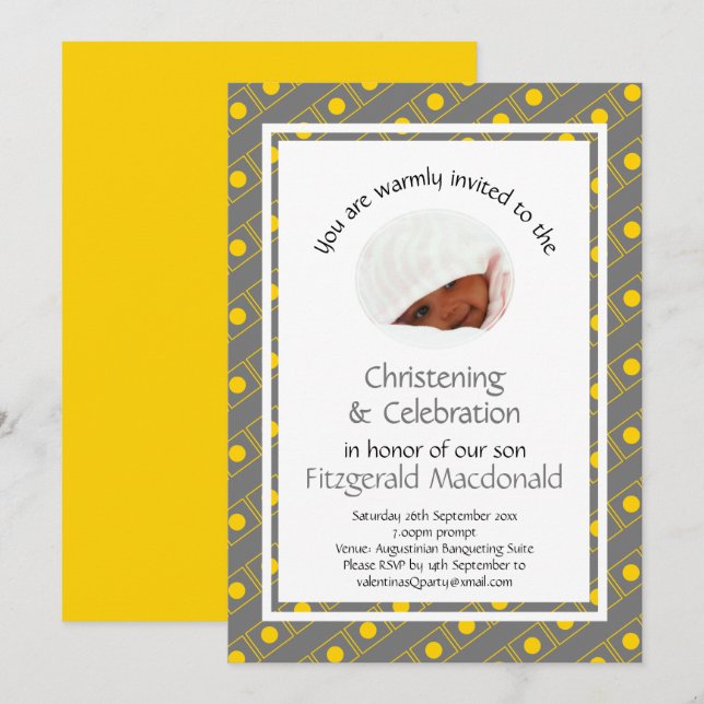 Invitación Baptismo CRISTENTE | Foto | Gris amarillo estiliza (Anverso / Reverso)