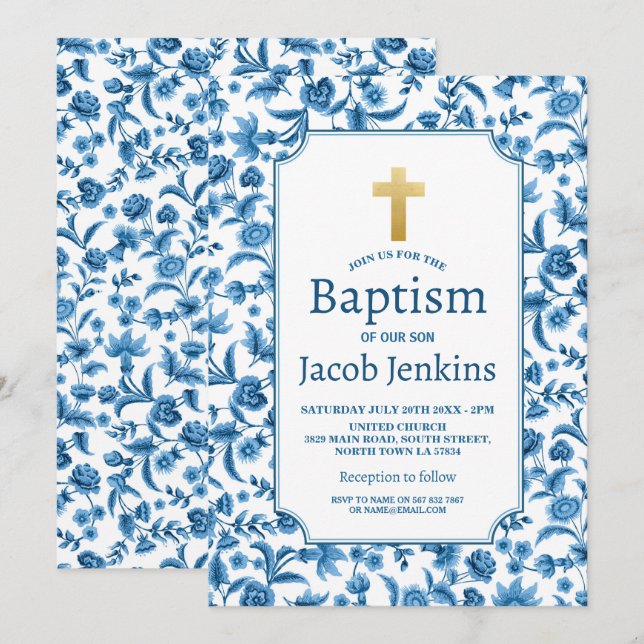 Invitación Baptismo Cristianismo Azul Floral Cruz Dorada Azul (Anverso / Reverso)