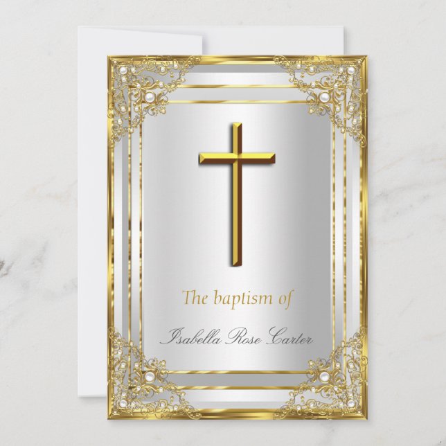 Invitación Baptismo/cristianismo de la cruz blanca del oro de (Anverso)
