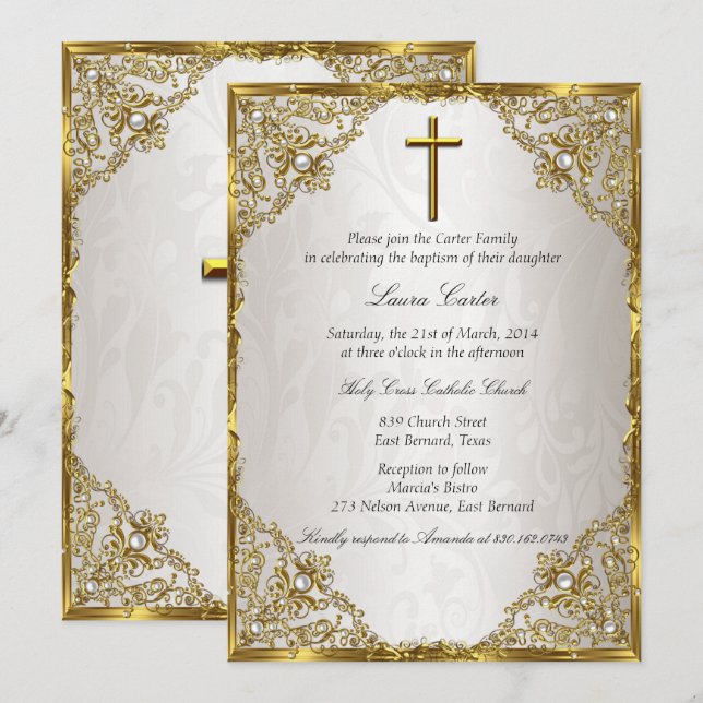 Invitación Baptismo/Cristianismo de Pearl Damask Gold Beige (Anverso / Reverso)