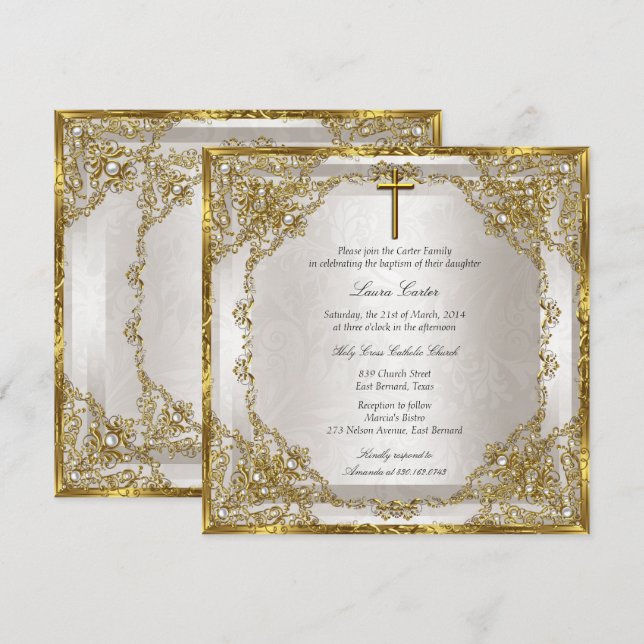 Invitación Baptismo/Cristianismo de Pearl Damask Gold Beige (Anverso / Reverso)