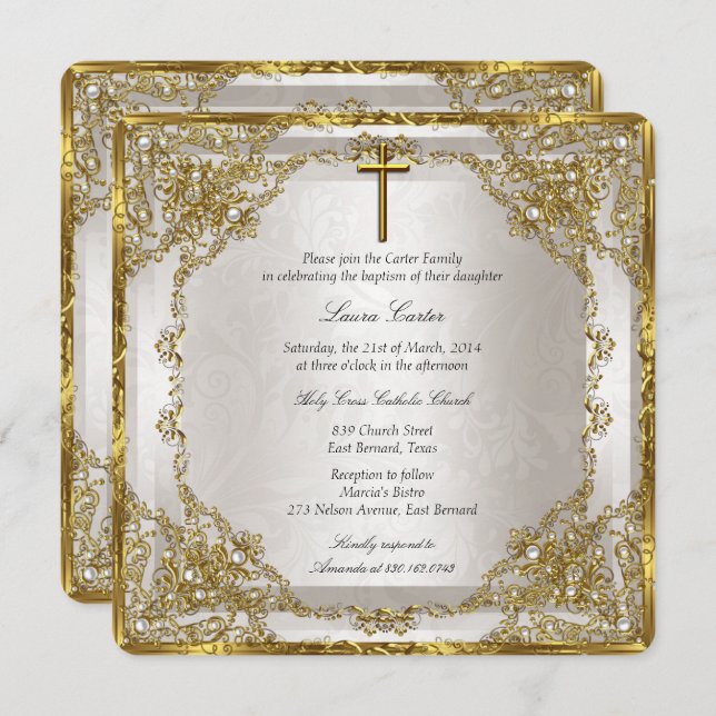 Invitación Baptismo/Cristianismo de Pearl Damask Gold Beige (Anverso / Reverso)