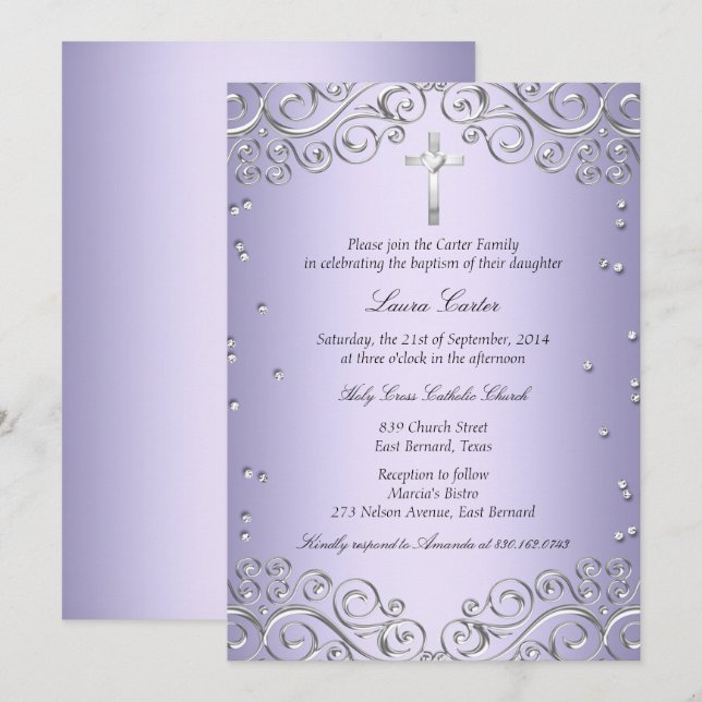 Invitación Baptismo/Cristianismo De Plata Púrpura (Anverso / Reverso)