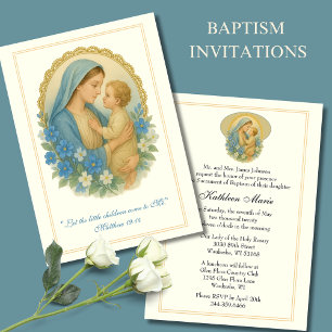 Invitación Baptismo Cristianismo María Jesús Floral Azul