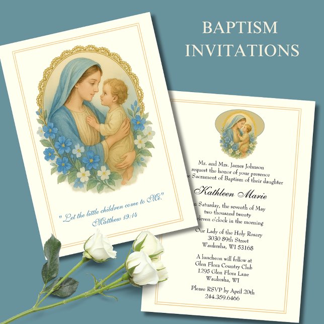 Invitación Baptismo Cristianismo María Jesús Floral Azul (Subido por el creador)