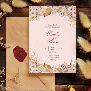 Invitación Baptismo cristiano decorativo floral marrón elegan