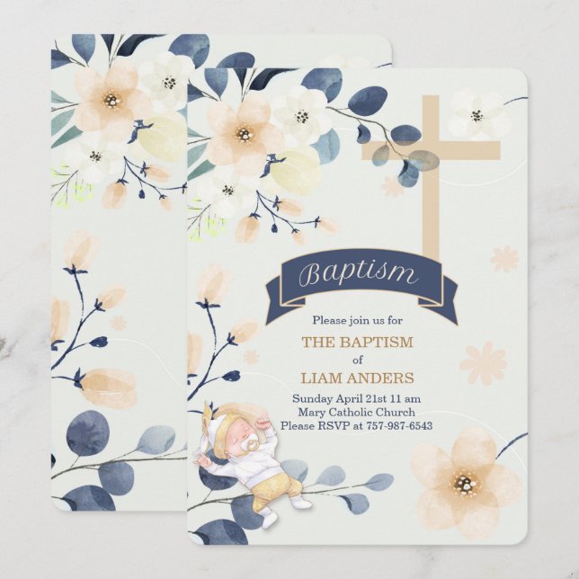 Invitación Baptismo cristiano en flores azules y amarillas de (Anverso / Reverso)