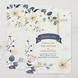 Invitación Baptismo cristiano en flores azules y amarillas de