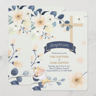 Invitación Baptismo cristiano en flores azules y amarillas de