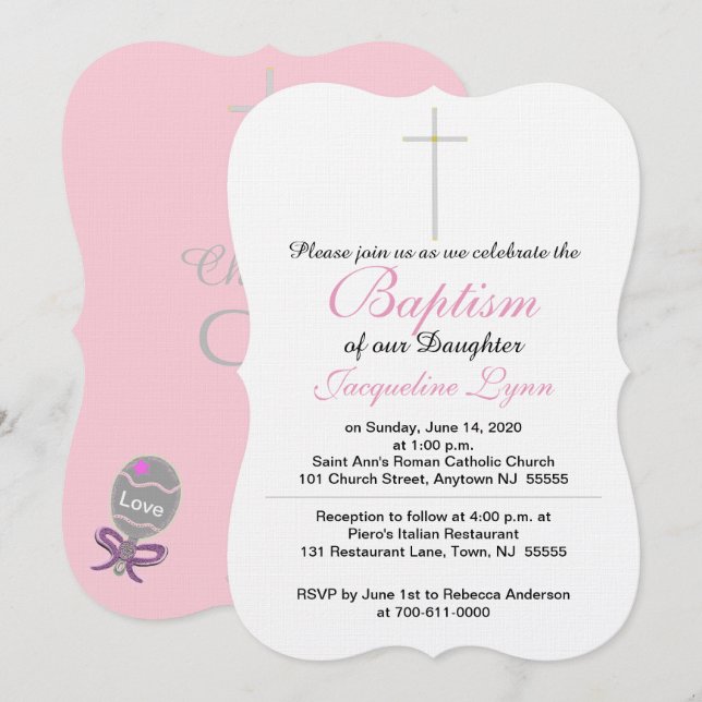 Invitación Baptismo Cruce Bebé Rosa Hija (Anverso / Reverso)