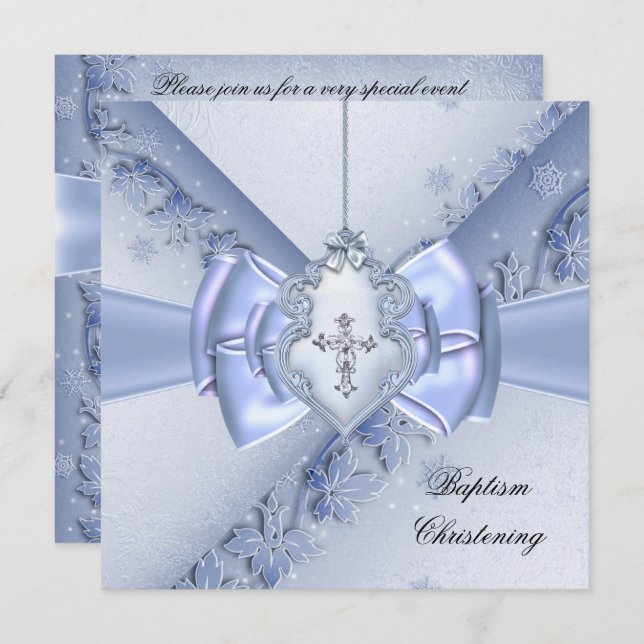 Invitación Baptismo Cruz Azul Niño damasco bautizo (Anverso / Reverso)