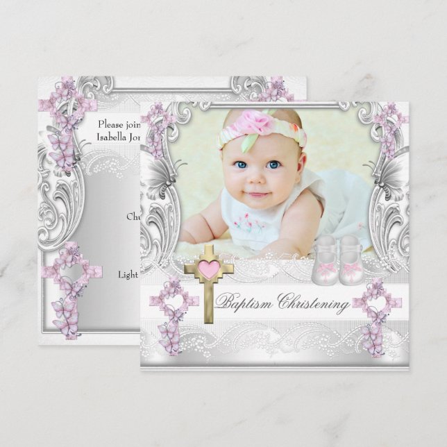 Invitación Baptismo Cruz Blanca Rosa Chica Foto Cristalizació (Anverso / Reverso)