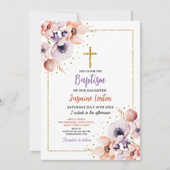 Invitación Baptismo Cruz Christening Flores Purple Gold (Anverso)