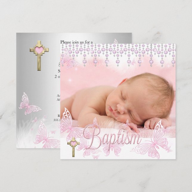 Invitación Baptismo Cruz de Mariposa Plata Rosa (Anverso / Reverso)