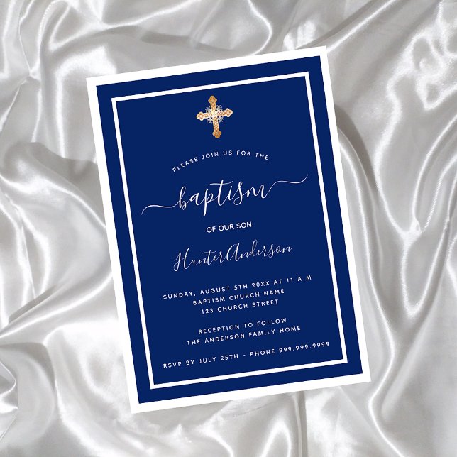 Invitación Baptismo cruz de oro azul marino blanco niño bebé (Subido por el creador)