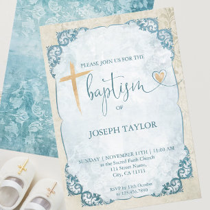Invitación Baptismo Cruz de Oro Azul Rústico