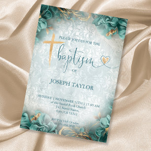 Invitación Baptismo Cruz de Oro Azul Rústico