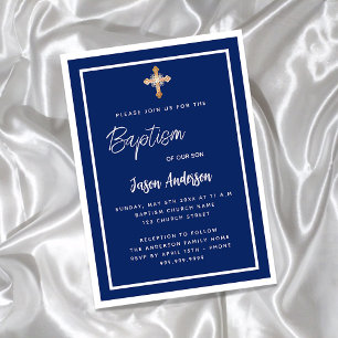 Invitación Baptismo cruz de oro de niño blanco azul marino de