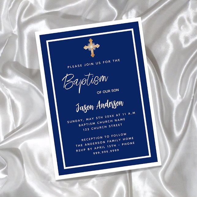 Invitación Baptismo cruz de oro de niño blanco azul marino de (Subido por el creador)