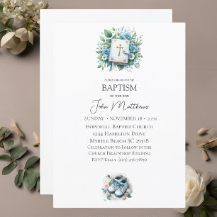Invitación Baptismo Cruz Floral Blanca y niños de la Biblia