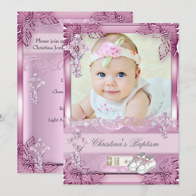Invitación Baptismo Cruz rosa Chica Foto bautizando floral (Anverso / Reverso)