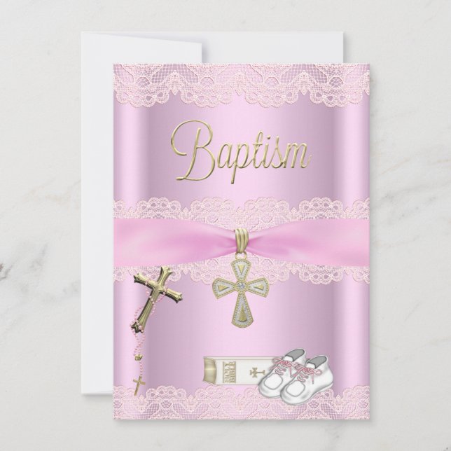 Invitación Baptismo Cruz Rosa Chica Lace Christening (Anverso)