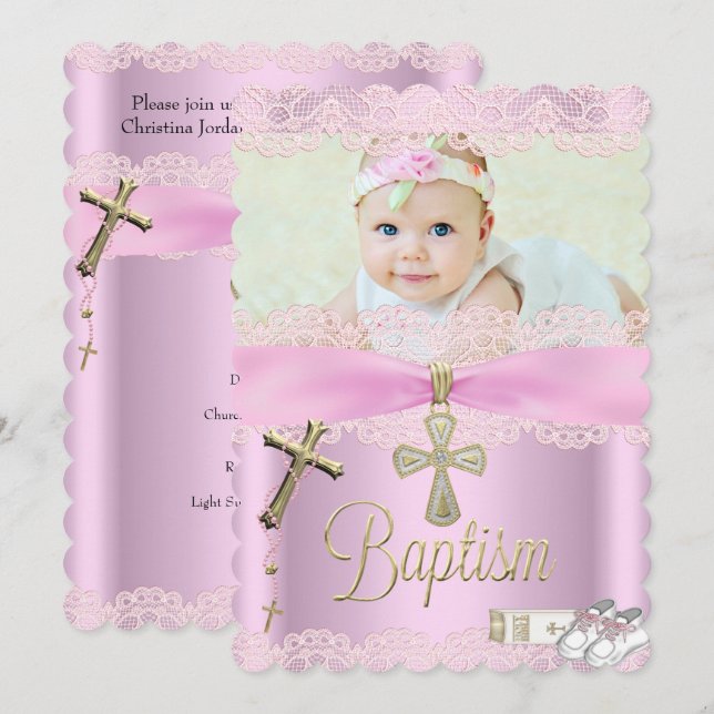 Invitación Baptismo Cruz Rosa Chica Lace Christening (Anverso / Reverso)