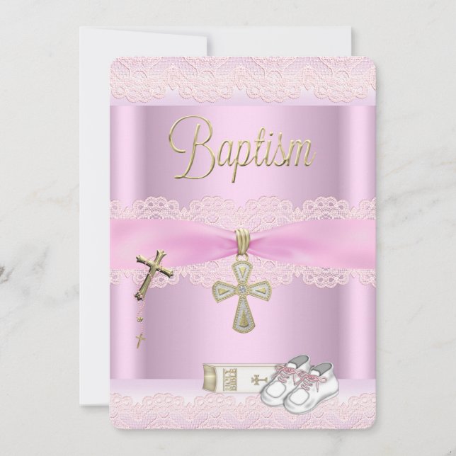 Invitación Baptismo Cruz rosa Chica Lace Christening 2a (Anverso)
