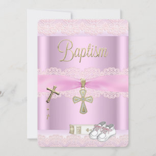 Invitación Baptismo Cruz rosa Chica Lace Christening 2a