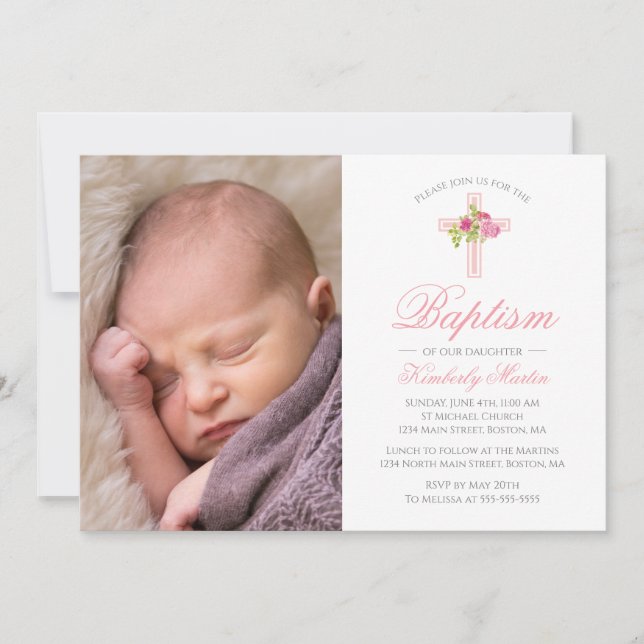 Invitación Baptismo Cruz rosa con foto floral de Rosas (Anverso)