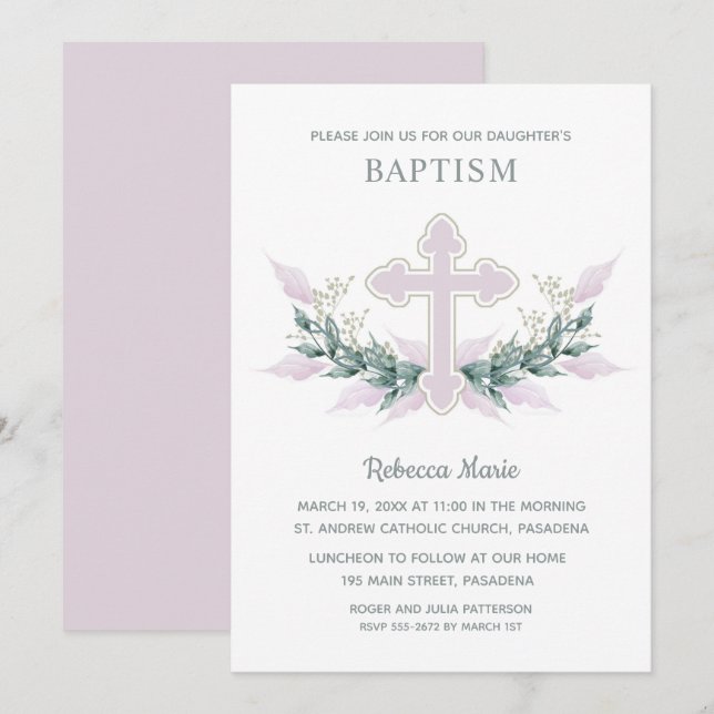 Invitación Baptismo cruzado de acuarela rosa (Anverso / Reverso)