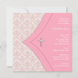 Invitación Baptismo cruzado de Chica de Damasco Rosa