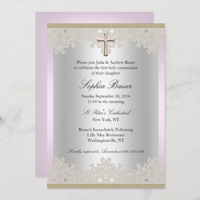 Invitación Baptismo cruzado de encaje/Invitación a la cristia (Anverso / Reverso)