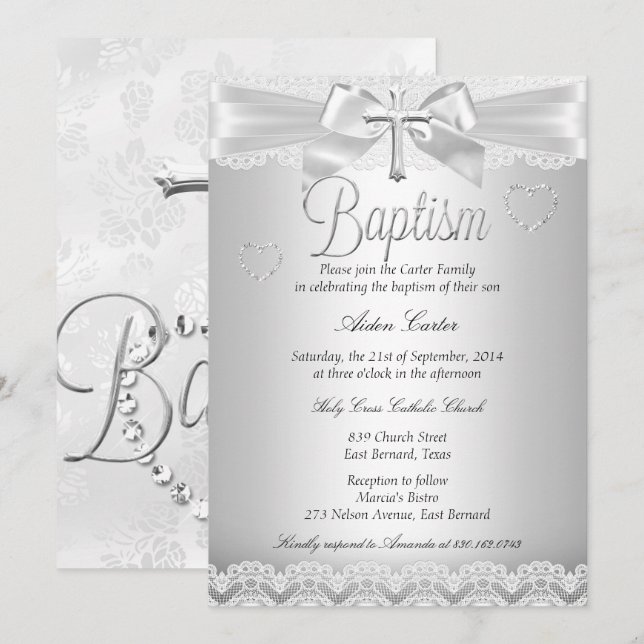 Invitación Baptismo cruzado de encaje plateado Niño o Chica (Anverso / Reverso)
