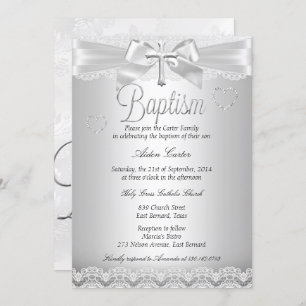 Invitación Baptismo cruzado de encaje plateado Niño o Chica