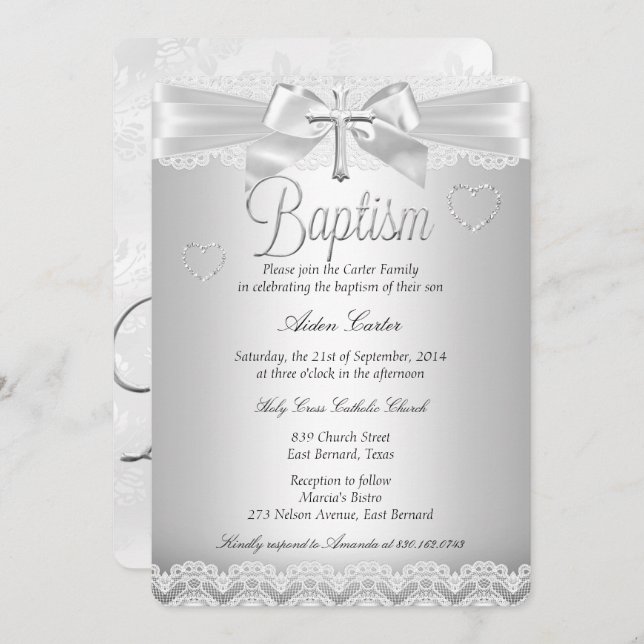 Invitación Baptismo cruzado de encaje plateado Niño o Chica (Anverso / Reverso)