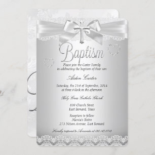 Invitación Baptismo cruzado de encaje plateado Niño o Chica