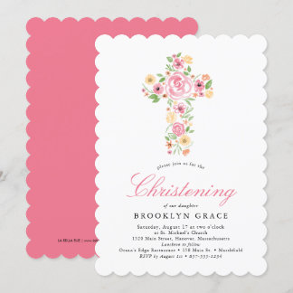 Invitación Baptismo cruzado de flor color de agua rosa