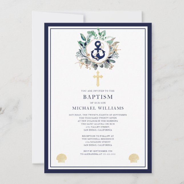 Invitación Baptismo cruzado de la marina de acuarela náutica (Anverso)