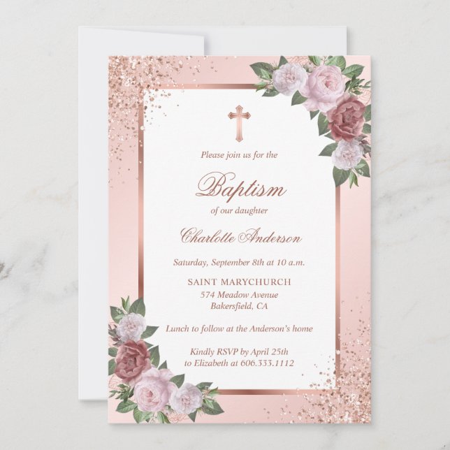 Invitación Baptismo cruzado de oro Rosa de las rosas rosadas  (Anverso)