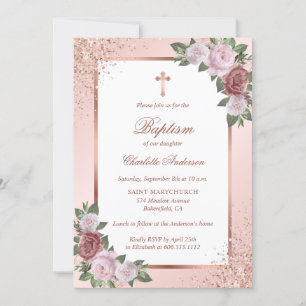 Invitación Baptismo cruzado de oro Rosa de las rosas rosadas